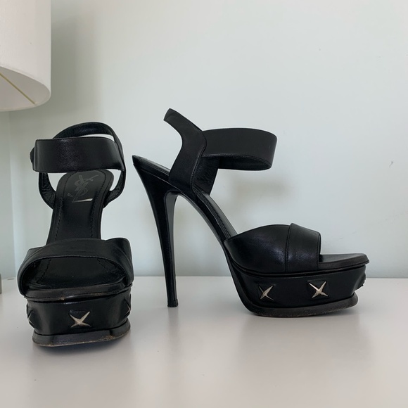 YSL Saint Laurent Black Studded Leather Platform Sandals - Picture 6 of 7